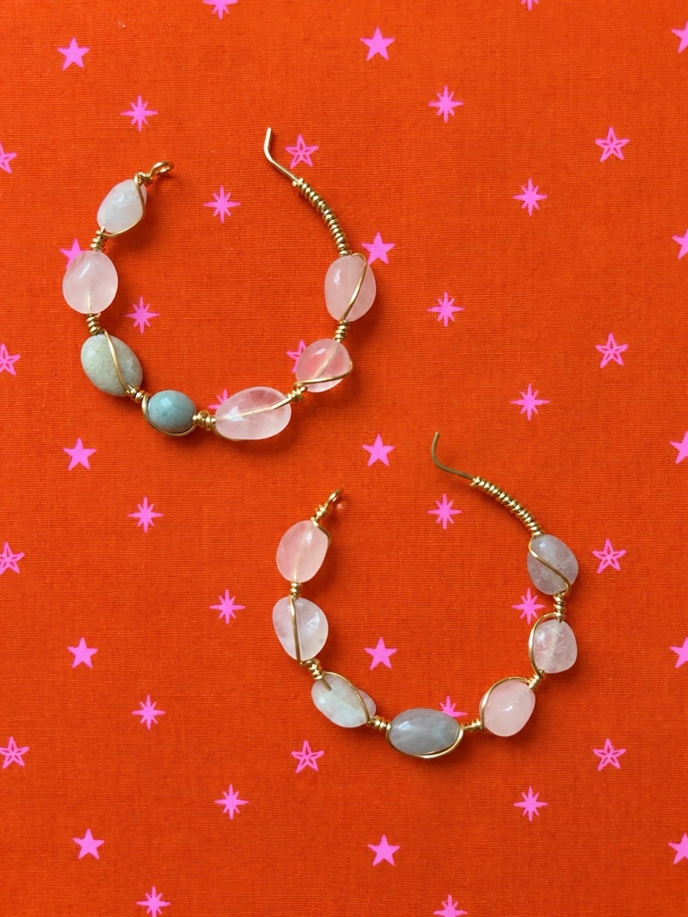 Handmade Gold Hoop Earrings with Pink Rose Quartz and Aqua Beads